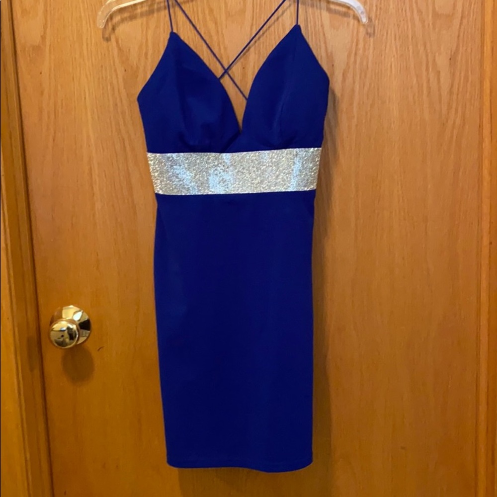 Royal blue dress w/rhinestones across front waist
